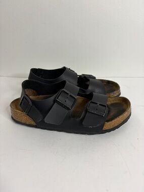 Birkenstock Milano Sandals Womens 39 8 Black Birko Flor Faux Leather Comfy